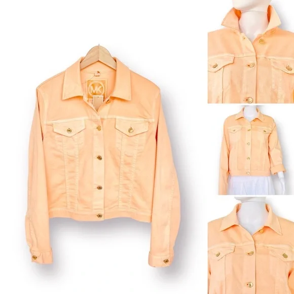 MICHAEL KORS Denim Jacket Gold Button Stretch Patch Pocket Pointed Collar